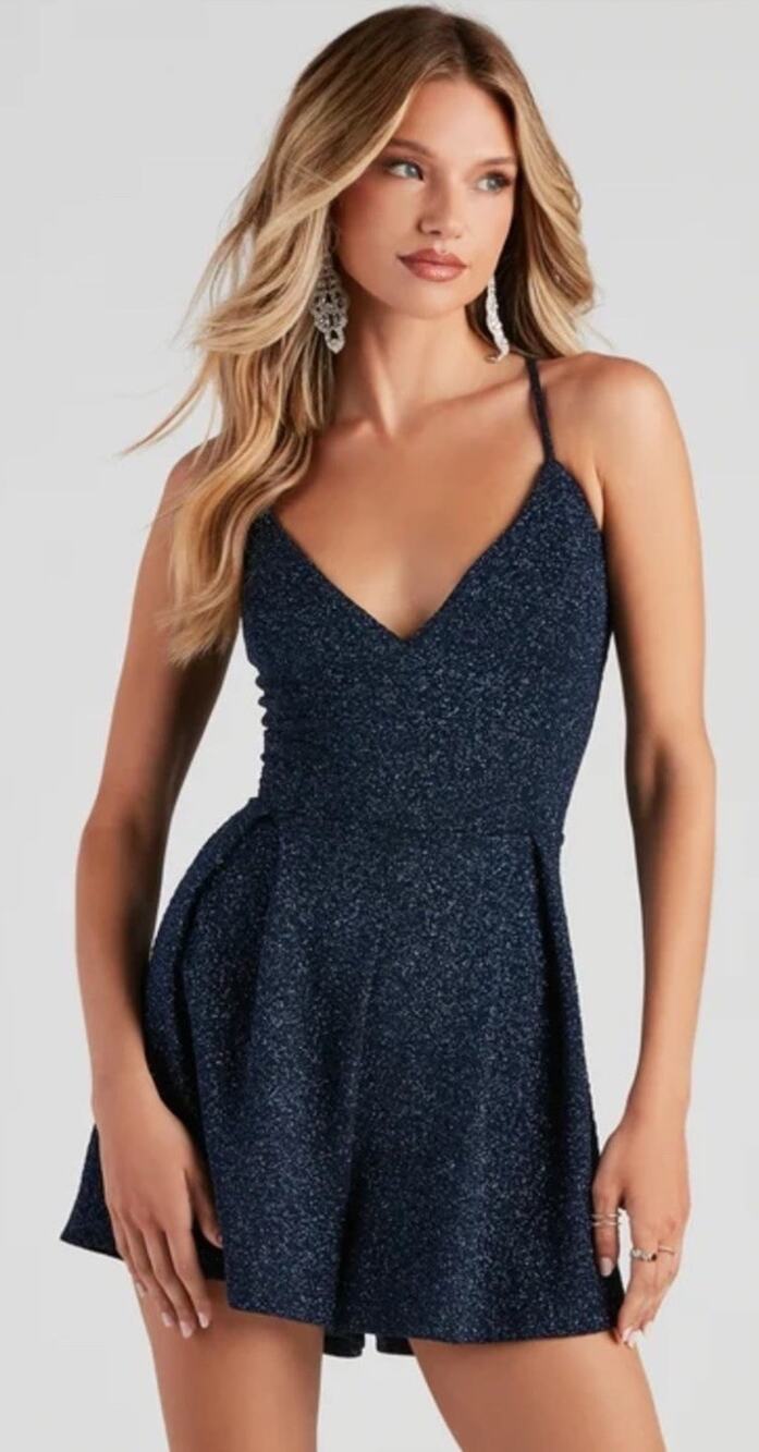 Francesca’s Navy Glitter Sparkle Fit & Flare Mini Romper Dress Size M NWT